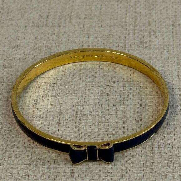 Kate Spade Navy Blue & Gold Enamel Take A Bow Bangle Bracelet - Picture 2 of 3